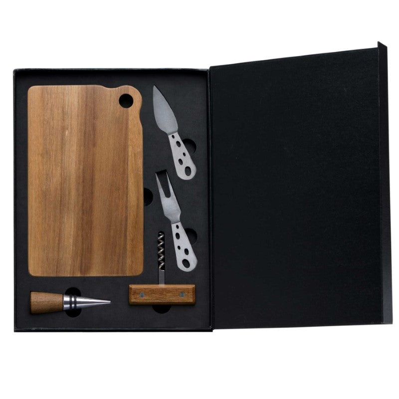 Apero Fromage Set featuring acacia hardwood board and stainless steel tools, perfect for wine and cheese gatherings.