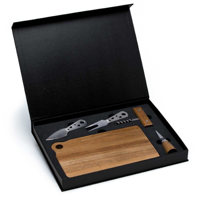 Apero Fromage Set featuring an acacia hardwood board and stainless steel tools for elegant cheese and wine entertaining.