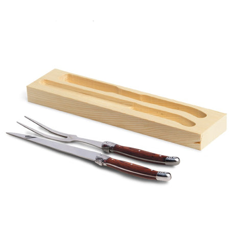 Elegant 2-piece Bordeaux Carving Set with stainless steel knife and fork, featuring pakkawood handles in rosewood finish.