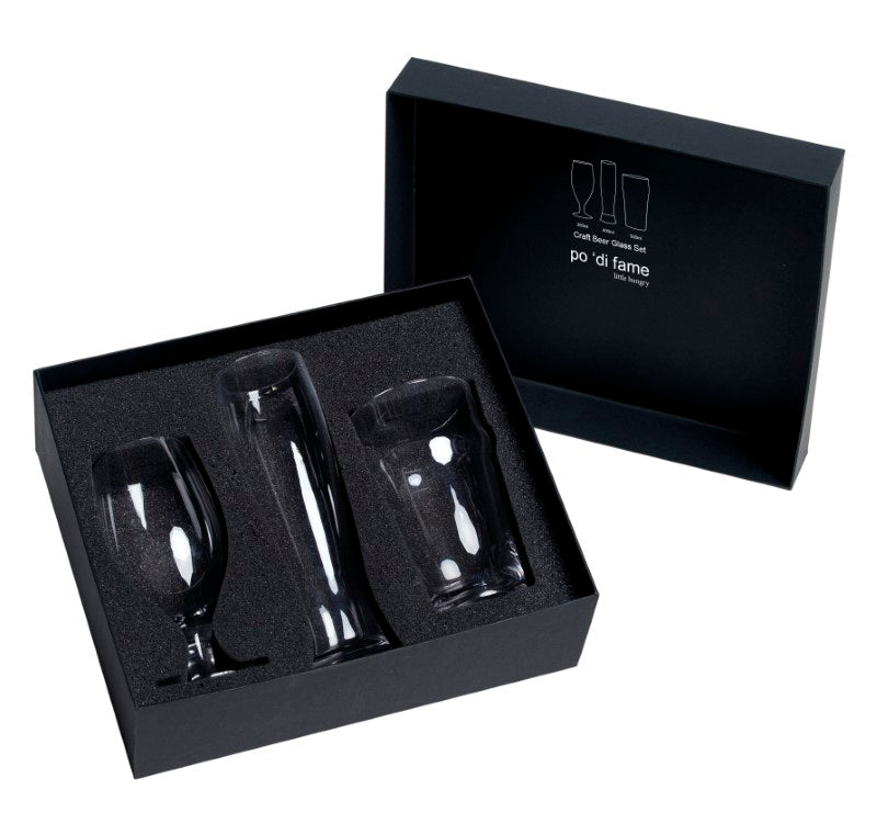 Elegant 3-piece Craft Beer Glass Set in a stylish box, featuring Lager, Pilsner, and Pint glasses for enhanced tasting experiences.