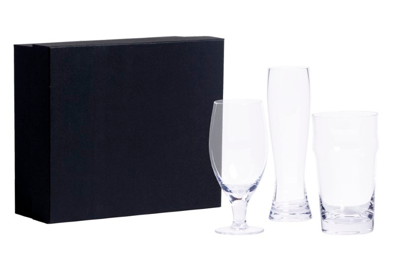 3-piece Craft Beer Glass Set with Lager, Pilsner, and Pint glasses in a stylish presentation box, perfect for beer enthusiasts.