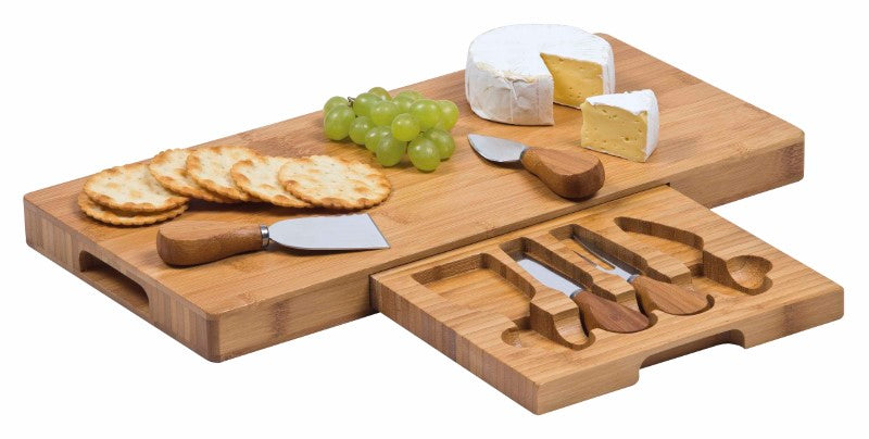 Gourmet cheese board set featuring a bamboo platter, stainless steel utensils, and a retractable drawer for entertaining.
