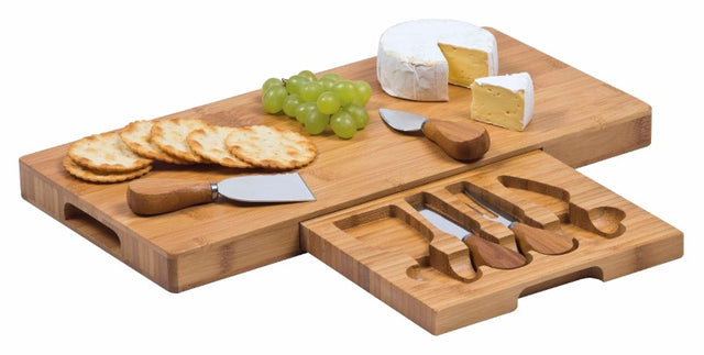 Gourmet cheese board set featuring a bamboo platter, stainless steel utensils, and a retractable drawer for entertaining.