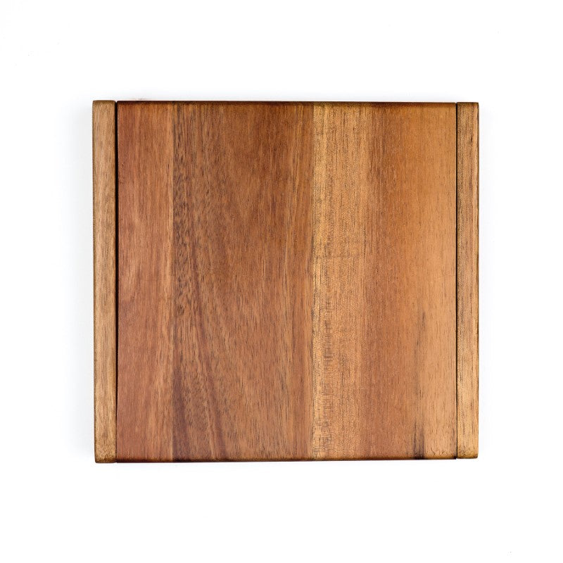 Elegant Acacia hardwood cheese board with clamshell design, stainless steel utensils, perfect for entertaining and gifting.