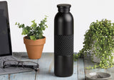 Stylish insulated flask in black with twist-on lid, grip band, and double-walled stainless steel for optimal temperature retention.