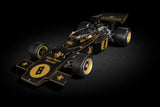 Detailed 1/8 scale model of the iconic F1 Lotus 72, featuring intricate design and real rubber tires, perfect for collectors.