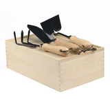 Premium 3-piece stainless steel garden tool set in a natural pine box, ideal for all gardening tasks.