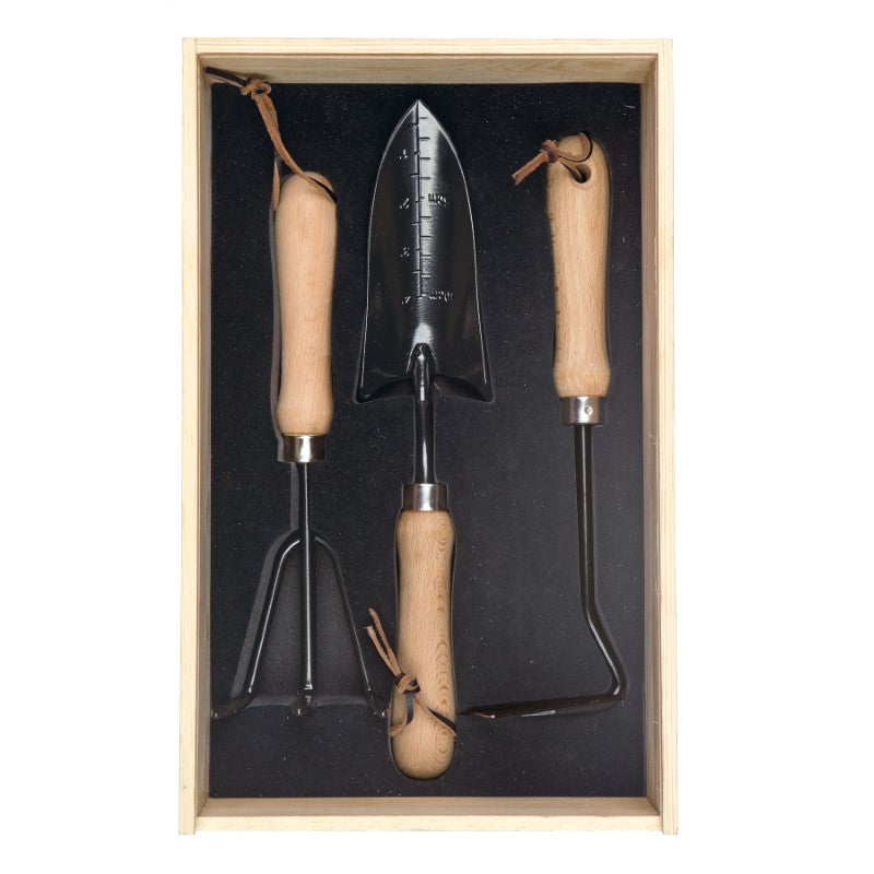 Premium 3-pc stainless steel garden tool set in a natural pine wood box; includes cultivator, trowel, and hoe.