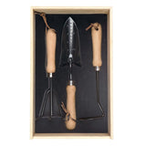 Premium 3-pc stainless steel garden tool set in a natural pine wood box; includes cultivator, trowel, and hoe.