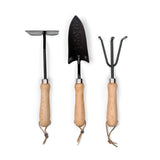 Premium 3-pcs garden tool set in a pine box, featuring stainless steel tools with beech wood handles for comfort and durability.