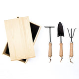 Premium 3-piece garden tool set in a natural pine box, featuring stainless steel tools and beech wood handles.