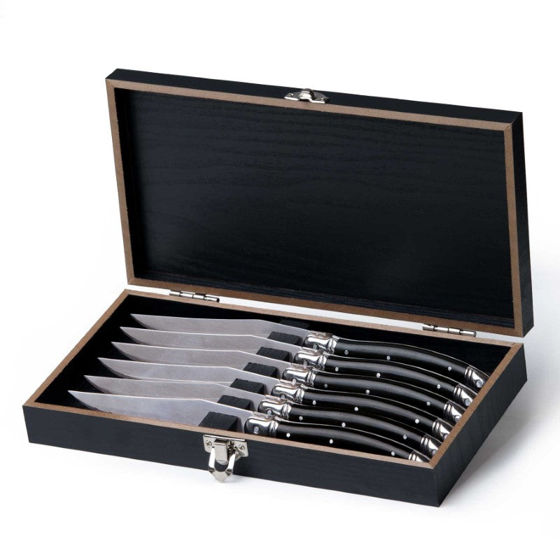 Euro 6 pcs Knife Set featuring stainless steel blades, ergonomic handles, and presented in a sleek black beech wood box.