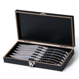 Euro 6 pcs Knife Set featuring stainless steel blades, ergonomic handles, and presented in a sleek black beech wood box.