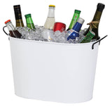 Stylish 22L galvanized steel ice bucket with black leak-proof inner, dual handles, and unique po di fame print for events.