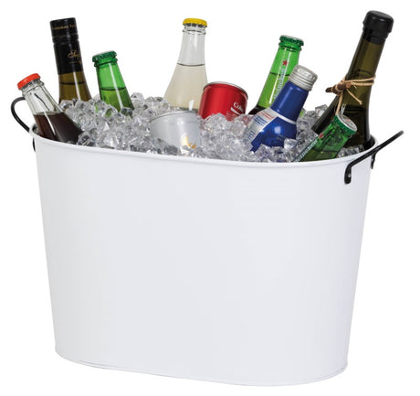 Stylish 22L galvanized steel ice bucket with black leak-proof inner, dual handles, and unique po di fame print for events.