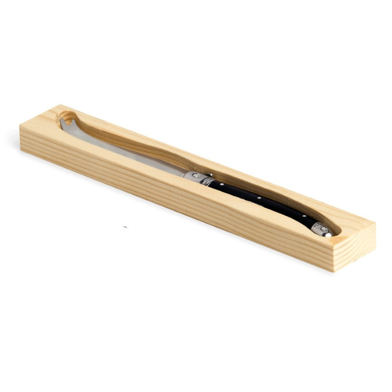 Ergonomic 23cm Fetta Cheese Knife with stainless steel blade and black handle, presented in a natural pine gift box.
