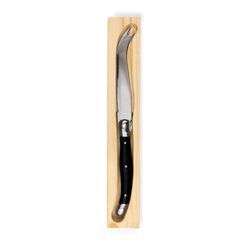 Ergonomic 23cm Fetta Cheese Knife with stainless steel blade and black handle, elegantly presented in a natural pine gift box.