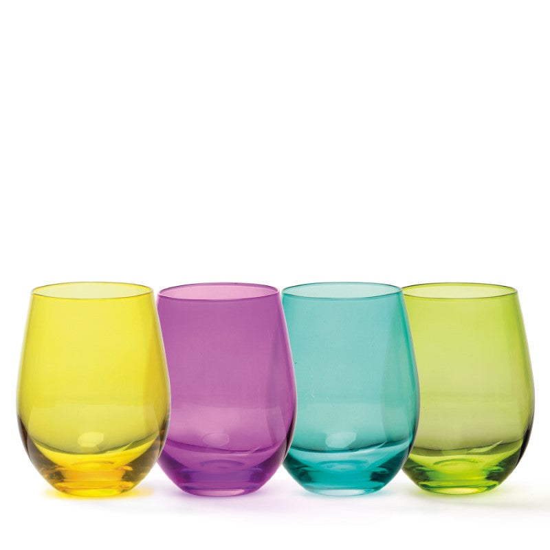Jewel-toned stemless wine glasses set in jade, gold, purple, and emerald, featuring a sleek design and 550ml capacity.