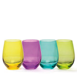 Jewel-toned stemless wine glasses set in jade, gold, purple, and emerald, featuring a sleek design and 550ml capacity.