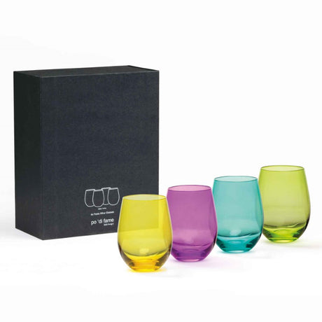 Set of 4 jewel-toned stemless wine glasses in jade, gold, purple, and emerald, elegantly packaged in a black presentation box.