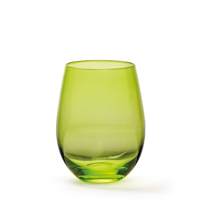 A set of four jewel-toned stemless wine glasses in jade, gold, purple, and emerald, presented in a stylish black box.