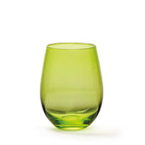A set of four jewel-toned stemless wine glasses in jade, gold, purple, and emerald, presented in a stylish black box.