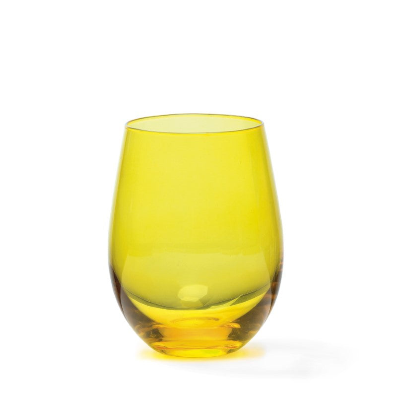 Elegant 4-piece jewel-toned stemless wine glass set in jade, gold, purple, and emerald, beautifully packaged for gifting.