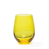 Elegant 4-piece jewel-toned stemless wine glass set in jade, gold, purple, and emerald, beautifully packaged for gifting.