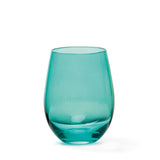 Set of four jewel-toned stemless wine glasses in jade, gold, purple, and emerald, elegantly packaged for gifting.