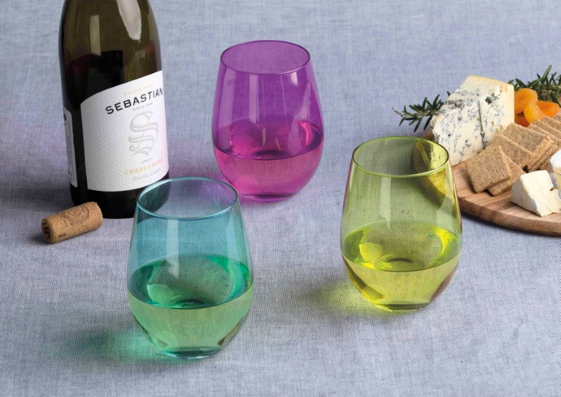 Elegant Festa Wine Glass Set featuring four jewel-toned stemless glasses in jade, gold, purple, and emerald, perfect for any occasion.