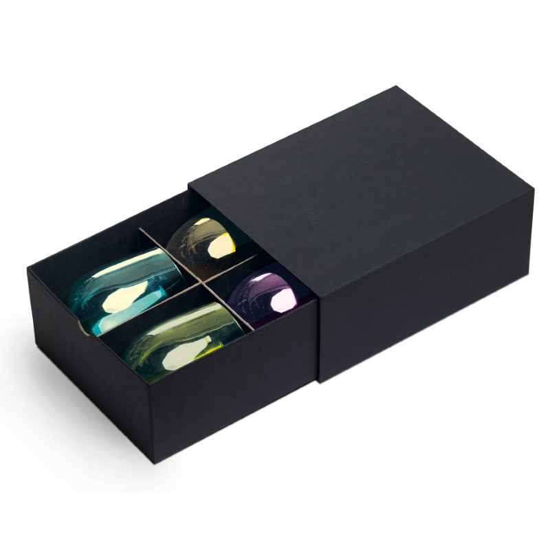 Stunning Festa Wine Glass Set features four jewel-toned stemless glasses in jade, gold, purple, and emerald for stylish entertaining.