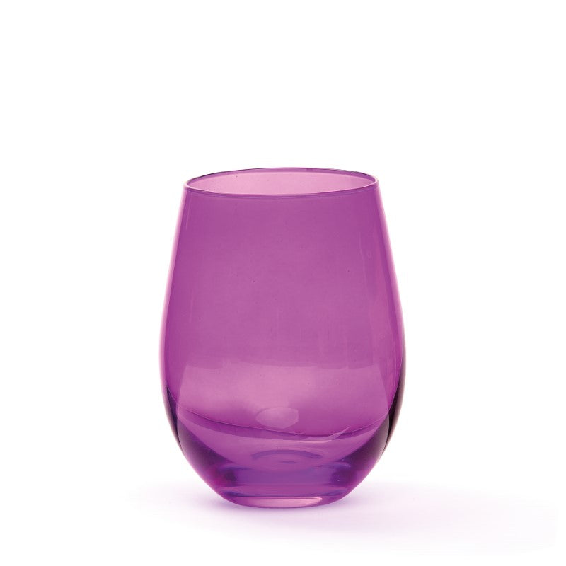 Stunning 4-piece jewel-toned stemless wine glass set in jade, gold, purple, and emerald, elegantly presented in a black box.