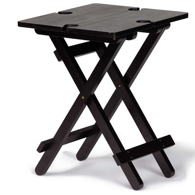 Foldable bamboo table with wine glass holders, ideal for outdoor dining and easy transportation in a carry bag.