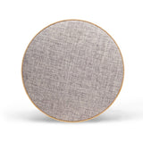 Stylish Lounge Disc Bluetooth Speaker with fabric face, wood grain housing, 10W output, and 4.5 hours playtime.