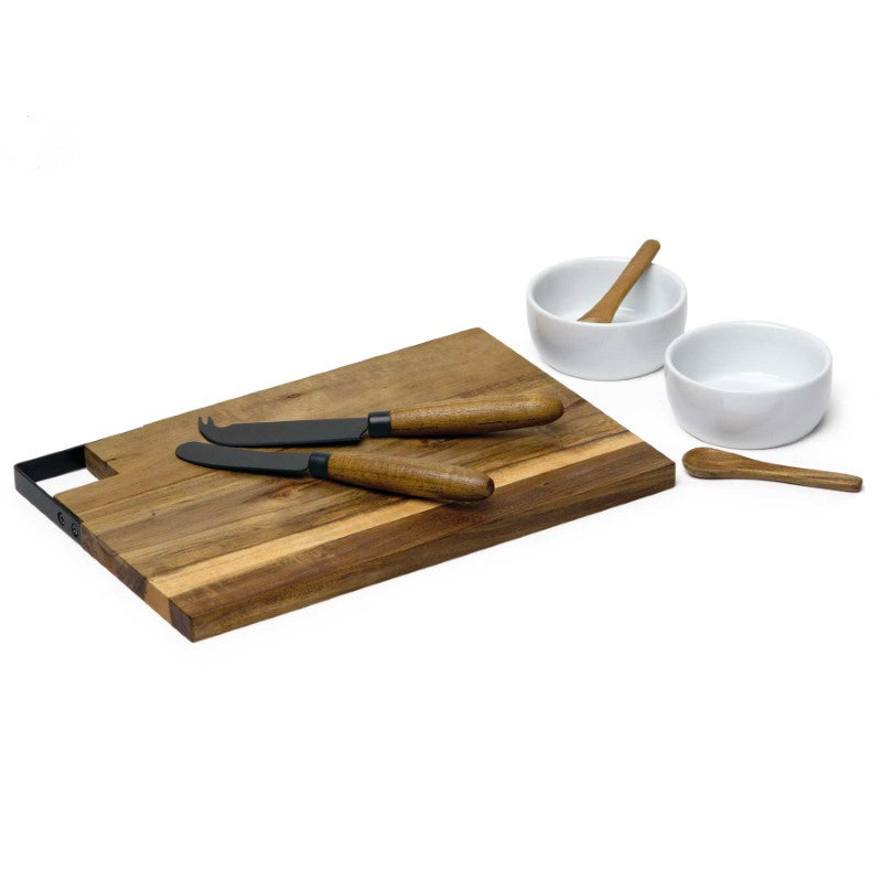Elegant 7-piece Meze Gourmet Set with acacia wood serving board, stainless steel knives, and ceramic bowls for stylish entertaining.
