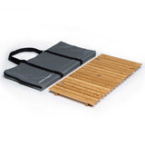 Ombrello Tavolo Table: foldable bamboo table with wine glass holders and umbrella hole, perfect for outdoor gatherings.