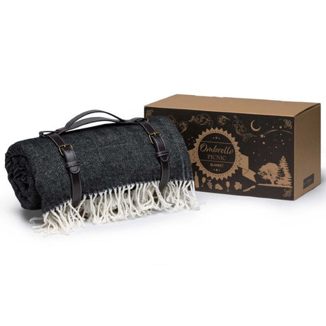 Ombrello Picnic Blanket with herringbone weave, faux wool feel, waterproof backing, and umbrella hole for outdoor comfort.