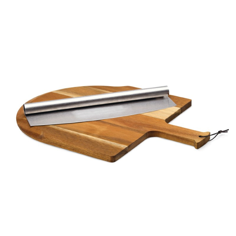 Acacia wood pizza peel set with stainless steel cutter, featuring a beveled edge, carry handle, and unique grain patterns.