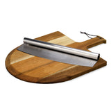 Acacia wood Pizza Peel Set with stainless steel cutter, featuring an elegant design and unique wood grain for perfect pizza transfers.