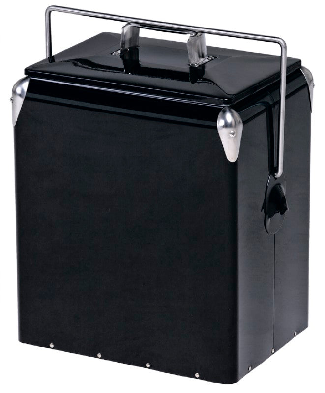 Retro Cooler Box with vintage design, chrome details, holds 6 wine bottles, and features an insulated, leak-proof interior.