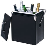 Retro Cooler Box with iron exterior, chrome details, spacious for 6 wine bottles, and integrated bottle opener for outdoor fun.