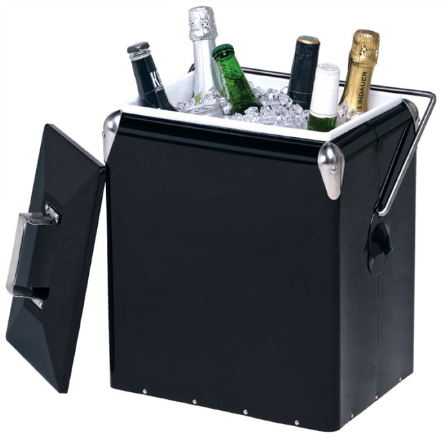 Retro Cooler Box with iron exterior, chrome details, spacious for 6 wine bottles, and integrated bottle opener for outdoor fun.