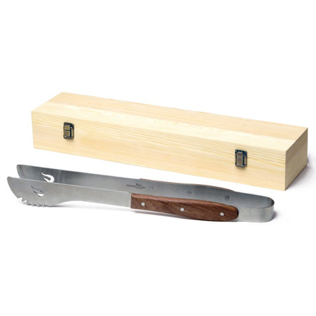 Premium 20-inch stainless steel BBQ tongs with rosewood handles, engraved logo, and presented in a natural pine gift box.
