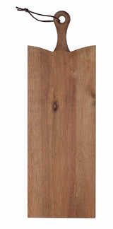 Elegant serving board made of plantation-grown Acacia hardwood with a bevelled handle and unique wood grain, perfect for entertaining.