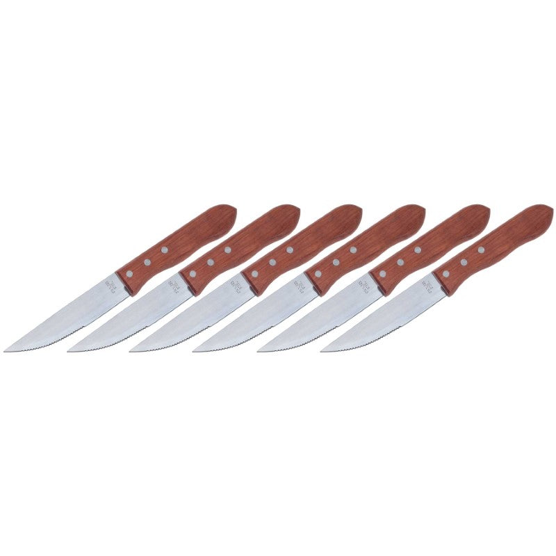 Premium 6 pcs steak knife set with 5-inch serrated blades, rosewood handles, and elegant storage box.