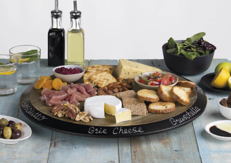 Squisito Lazy Susan: elegant 18-inch Acacia hardwood rotating tray with chalkboard rim for easy labeling.