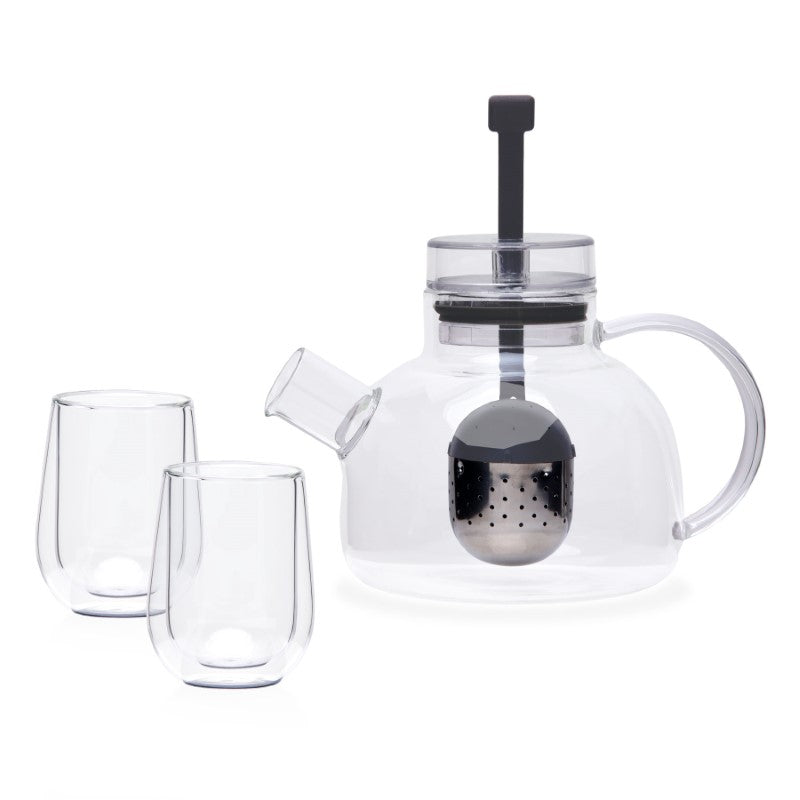 Elegant 3-piece Tea For 2 Set with heat-resistant teapot and double-walled glasses, perfect for sharing tea moments.