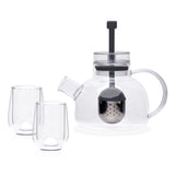 Elegant 3-piece Tea For 2 Set with heat-resistant teapot and double-walled glasses, perfect for sharing tea moments.