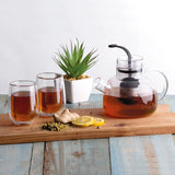 Elegant 3-piece Tea For 2 Set with a 1L glass teapot and two double-walled tea glasses, perfect for sharing tea time.