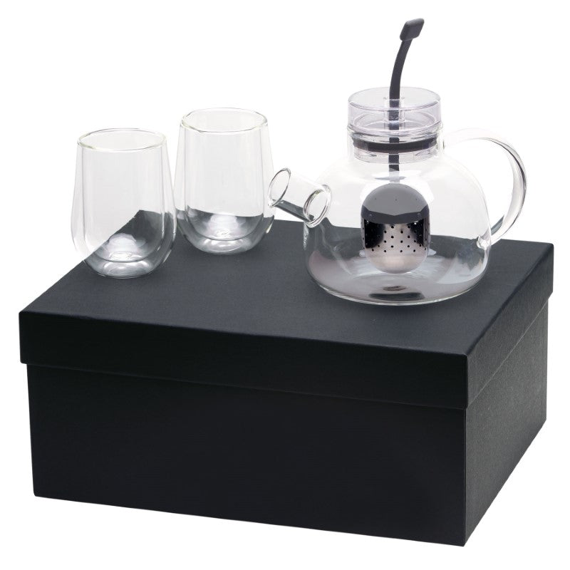 Elegant 3-piece Tea For 2 Set with a 1L glass teapot and two double-walled glasses, perfect for sharing tea moments.